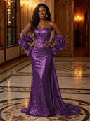 Sequin Mermaid Strapless Long Evening Dresses with Flowers