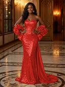 Sequin Mermaid Strapless Long Evening Dresses with Flowers