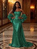 Sequin Mermaid Strapless Long Evening Dresses with Flowers
