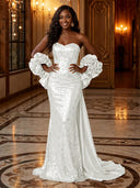 Sequin Mermaid Strapless Long Evening Dresses with Flowers
