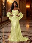 Sequin Mermaid Strapless Long Evening Dresses with Flowers
