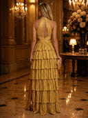 Sequin A Line Halter Sleeveless Long Evening Dresses with Tiered