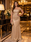 Sparkly Sequin Mermaid Off Shoulder Long Evening Dresses with Beadings