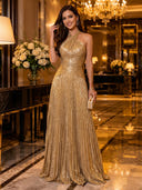 Sequin A Line Halter Sleeveless Long Evening Dresses with Pleated