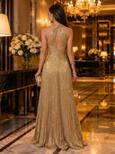 Sequin A Line Halter Sleeveless Long Evening Dresses with Pleated