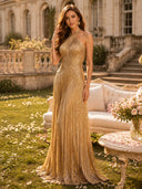 Sequin A Line Halter Sleeveless Long Evening Dresses with Pleated