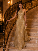 Sequin A Line Halter Sleeveless Long Evening Dresses with Pleated