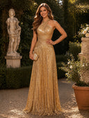 Sequin A Line Halter Sleeveless Long Evening Dresses with Pleated