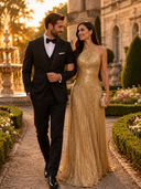 Sequin A Line Halter Sleeveless Long Evening Dresses with Pleated