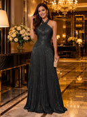 Sequin A Line Halter Sleeveless Long Evening Dresses with Pleated