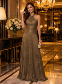 Sequin A Line Halter Sleeveless Long Evening Dresses with Pleated