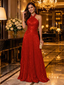 Sequin A Line Halter Sleeveless Long Evening Dresses with Pleated