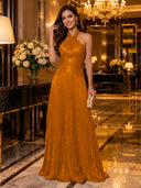 Sequin A Line Halter Sleeveless Long Evening Dresses with Pleated