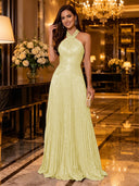 Sequin A Line Halter Sleeveless Long Evening Dresses with Pleated