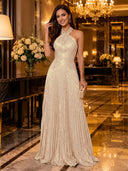 Sequin A Line Halter Sleeveless Long Evening Dresses with Pleated