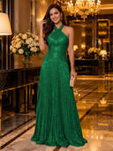 Sequin A Line Halter Sleeveless Long Evening Dresses with Pleated