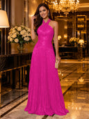 Sequin A Line Halter Sleeveless Long Evening Dresses with Pleated
