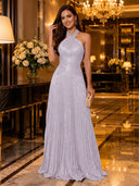 Sequin A Line Halter Sleeveless Long Evening Dresses with Pleated