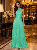 Sequin A Line Halter Sleeveless Long Evening Dresses with Pleated
