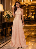 Sequin A Line Halter Sleeveless Long Evening Dresses with Pleated