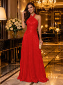 Sequin A Line Halter Sleeveless Long Evening Dresses with Pleated