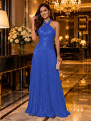 Sequin A Line Halter Sleeveless Long Evening Dresses with Pleated