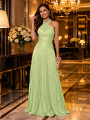 Sequin A Line Halter Sleeveless Long Evening Dresses with Pleated