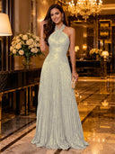 Sequin A Line Halter Sleeveless Long Evening Dresses with Pleated