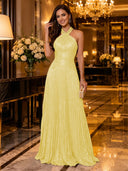 Sequin A Line Halter Sleeveless Long Evening Dresses with Pleated