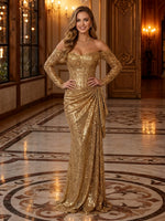Sparkly Sequin Mermaid Off Shoulder Long Evening Dresses with Ruffles