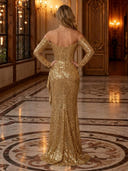 Sparkly Sequin Mermaid Off Shoulder Long Evening Dresses with Ruffles