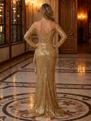 Sparkly Sequin Mermaid Off Shoulder Long Evening Dresses with Ruffles