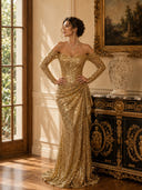 Sparkly Sequin Mermaid Off Shoulder Long Evening Dresses with Ruffles