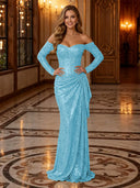 Sparkly Sequin Mermaid Off Shoulder Long Evening Dresses with Ruffles