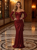 Sparkly Sequin Mermaid Off Shoulder Long Evening Dresses with Ruffles