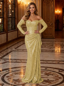 Sparkly Sequin Mermaid Off Shoulder Long Evening Dresses with Ruffles