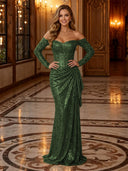 Sparkly Sequin Mermaid Off Shoulder Long Evening Dresses with Ruffles