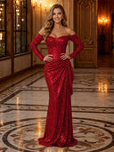 Sparkly Sequin Mermaid Off Shoulder Long Evening Dresses with Ruffles