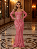 Sparkly Sequin Mermaid Off Shoulder Long Evening Dresses with Ruffles