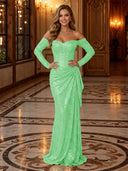 Sparkly Sequin Mermaid Off Shoulder Long Evening Dresses with Ruffles