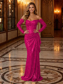 Sparkly Sequin Mermaid Off Shoulder Long Evening Dresses with Ruffles