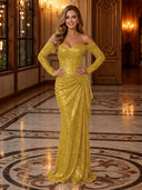 Sparkly Sequin Mermaid Off Shoulder Long Evening Dresses with Ruffles