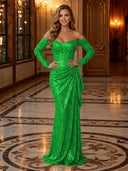 Sparkly Sequin Mermaid Off Shoulder Long Evening Dresses with Ruffles