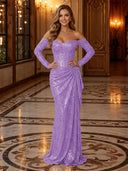 Sparkly Sequin Mermaid Off Shoulder Long Evening Dresses with Ruffles