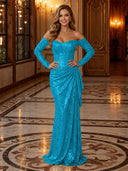 Sparkly Sequin Mermaid Off Shoulder Long Evening Dresses with Ruffles