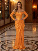 Sparkly Sequin Mermaid Off Shoulder Long Evening Dresses with Ruffles