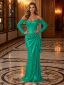 Sparkly Sequin Mermaid Off Shoulder Long Evening Dresses with Ruffles