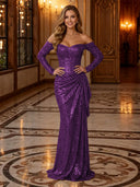 Sparkly Sequin Mermaid Off Shoulder Long Evening Dresses with Ruffles