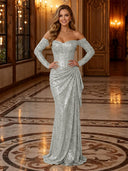 Sparkly Sequin Mermaid Off Shoulder Long Evening Dresses with Ruffles