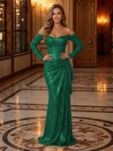 Sparkly Sequin Mermaid Off Shoulder Long Evening Dresses with Ruffles